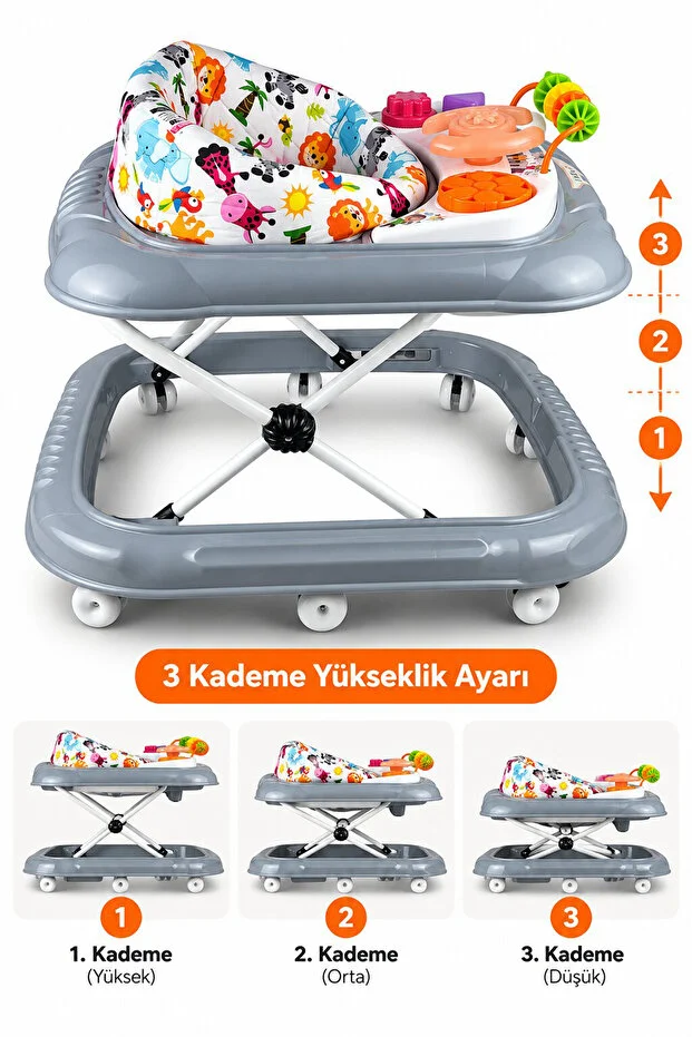 Lüks Oyuncaklı Müzikli Ve Işıklı Yürüteç 3 Kademeli Bebek Yürüteci